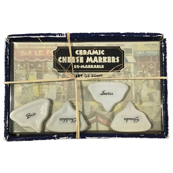 Vintage Ceramic Cheese Identifiers Set of 4 Re-Markable Cheddar Brie Swiss Gouda - Picture 1 of 2